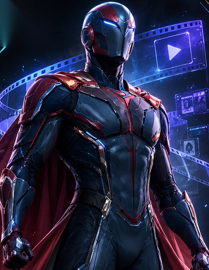 A.R.C.H., the Creative Hero — a masked navy-and-red superhero framed by floating film strips and play buttons