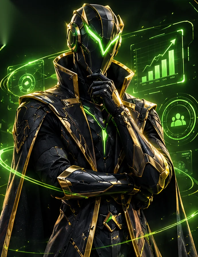 N.O.V.A., the Growth Strategist — a faceless figure in a black-and-gold coat with a green V-visor and rising analytics charts