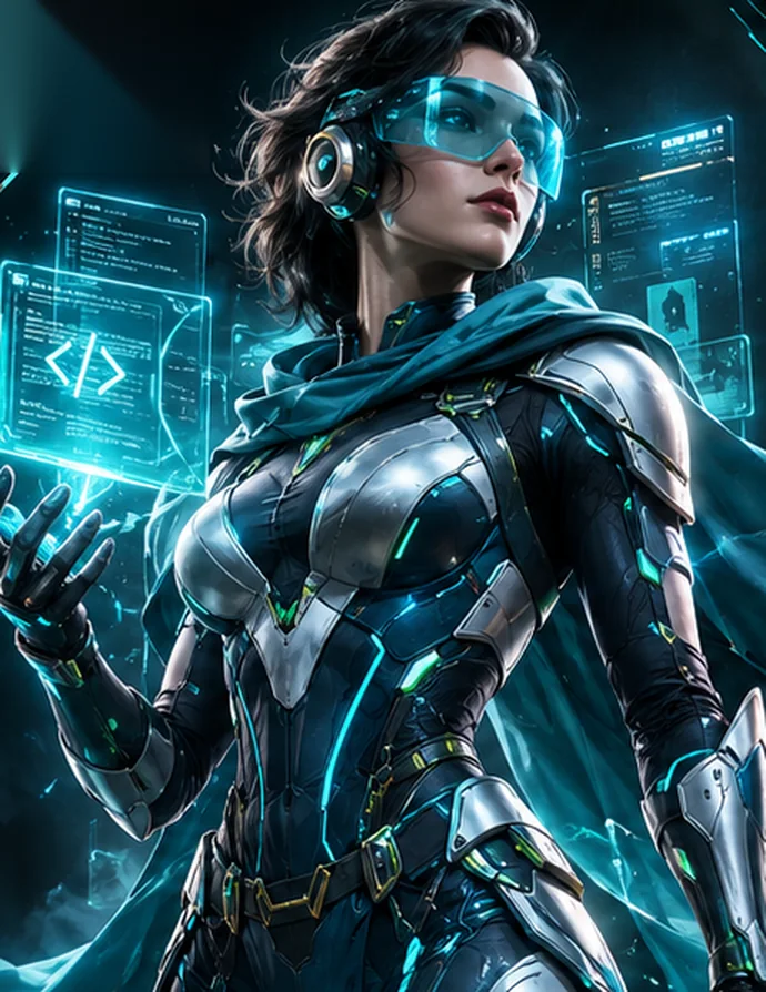 VEXORA, the Digital Architect — a cyan-lit futuristic hero with a smart visor, surrounded by floating code holograms